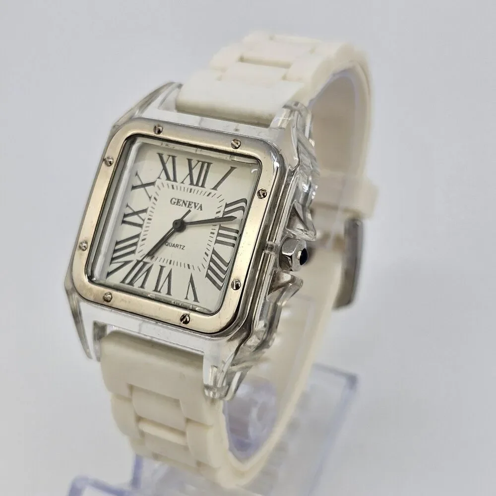 35MM Women's Square Watch White‎ Dial White Plastic Bands New Battery